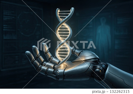 Futuristic robot hand holding a glowing DNA double helix in a dark sci fi laboratory, symbolizing technology and genetics, generative ai illustration. 132262315