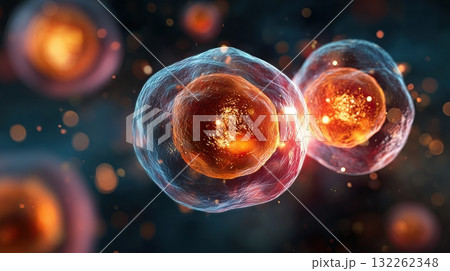 Photorealistic image of cell division with bright colorful color scheme, showing two separating cells against a beautiful soft background, detailed biological concept, generative ai illustration. 132262348