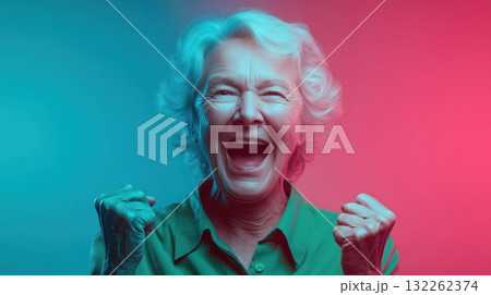 Photorealistic image of a happy elderly woman celebrating with joyful expression, smiling brightly with clenched fists, energetic and positive body language, generative ai illustration. Photorealistic image of a happy elderly woman celebrating with joyful expression, smiling brightly with clenched fists, energetic and positive body language, generative ai illustration. 132262374