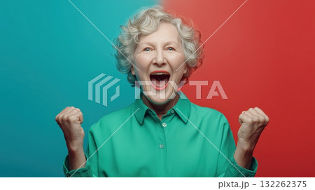 Photorealistic image of a happy elderly woman celebrating with joyful expression, smiling brightly with clenched fists, energetic and positive body language, generative ai illustration. 132262375