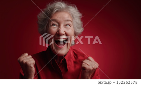 Photorealistic image of a happy elderly woman celebrating with joyful expression, smiling brightly with clenched fists, energetic and positive body language, generative ai illustration. Photorealistic image of a happy elderly woman celebrating with joyful expression, smiling brightly with clenched fists, energetic and positive body language, generative ai illustration. 132262378