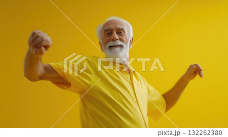 Photorealistic image of a happy elderly man dancing joyfully with a bright smile and energetic movement, cheerful expression full of vitality and positivity, generative ai illustration. 132262380