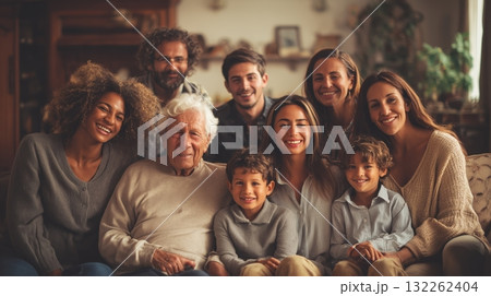 Photorealistic image of a multigenerational family with grandparents, parents, and children sitting together in a cozy living room, warm light, joyful expressions, generative ai illustration. 132262404