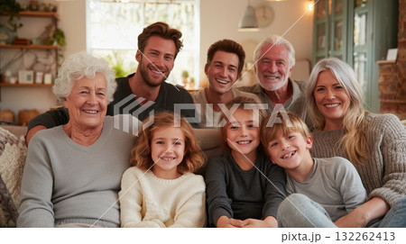 Photorealistic image of a multigenerational family with grandparents, parents, and children sitting together in a cozy living room, warm light, joyful expressions, generative ai illustration. 132262413