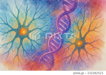 Watercolor illustration of a DNA double helix between two glowing neurons on a colorful background, symbolizing science and creativity, generative ai illustration. 132262521