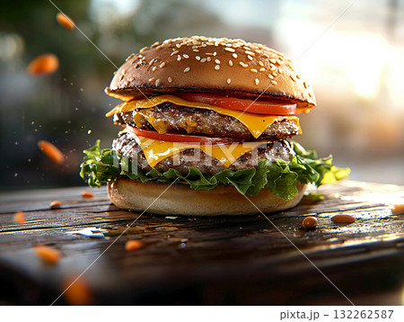 Homemade burgers with onions, tomato and cheese. AI Generated. Homemade burgers with onions, tomato and cheese. AI Generated. 132262587