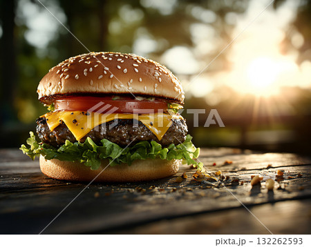 Hamburger made from fresh vegetables with a cutlet. Delicious fast food. AI Generated. 132262593