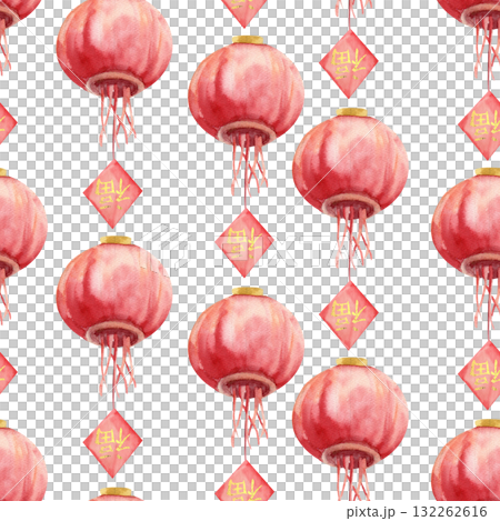 Asian lunar calendar New Year festive seamless pattern with watercolor red paper lantern decorated with hanging sign with "Fu" character, translation is "happiness and fortune". Colored background 132262616