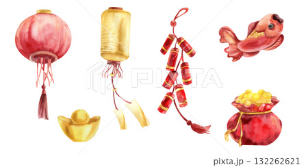 Asian festive traditional set with watercolor red and yellow paper lantern, ingot,golden coins in bag, carp fish and firecrackers illustration. Isolated elements with Chinese and Japanese culture clip 132262621