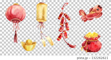 Asian festive traditional set with watercolor red and yellow paper lantern, ingot,golden coins in bag, carp fish and firecrackers illustration. Isolated elements with Chinese and Japanese culture clip 132262621