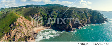Panoramic view of Cabo da Roca. Rocky seascape. Assentiz Beach. Region of Cape Roca, Atlantic Ocean, Portugal. Horizontal banner 132262638