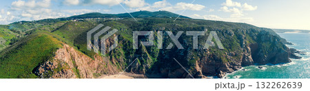 Panoramic view of Cabo da Roca. Rocky seascape. Assentiz Beach. Region of Cape Roca, Atlantic Ocean, Portugal. Horizontal banner 132262639