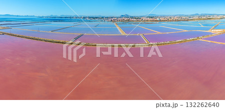 Panoramic View from above of Pink lake in San Pedro del Pinatar city, Spain Europe. San Pedro Salt Flats. Aerial view Horizontal banner Panoramic View from above of Pink lake in San Pedro del Pinatar city, Spain Europe. San Pedro Salt Flats. Aerial view Horizontal banner 132262640