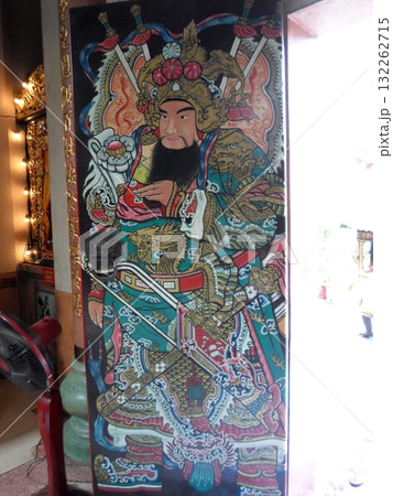 Temple Door with a Colorful Painting of a Mythical Warrior Figure Temple Door with a Colorful Painting of a Mythical Warrior Figure 132262715