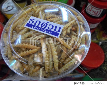Container of Fried Insects at a Market Stall with a Thai Label 132262722
