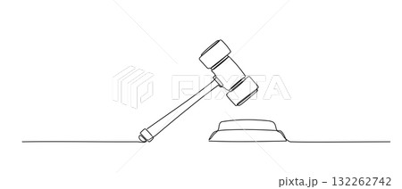 Continuous line illustration of law hammer. Doodle sketch. Hand drawn vector one line icon 132262742