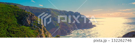 Rocky seascape. Region of Cape Roca, Atlantic Ocean, Portugal. Horizontal banner 132262746