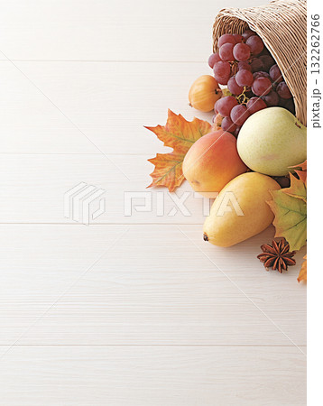 Autumn background with apples, pears, grapes and berries in baskets. Free space for your text. AI Generated. 132262766