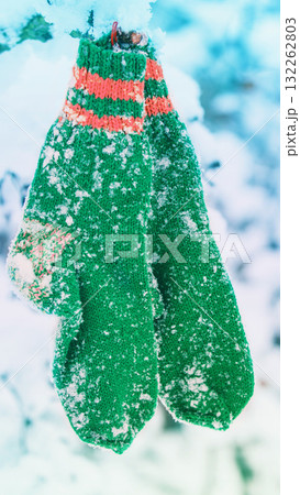In winter, green knitted socks hang on the tree. Vertical banner In winter, green knitted socks hang on the tree. Vertical banner 132262803