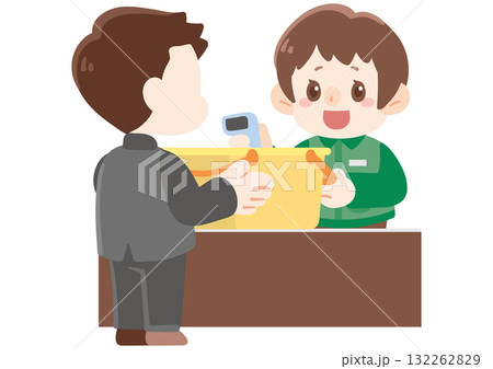 男性客にレジ対応する店員 132262829