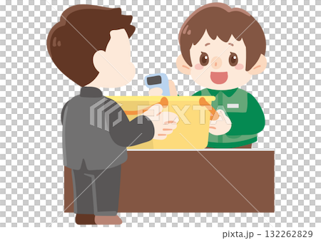 男性客にレジ対応する店員 132262829