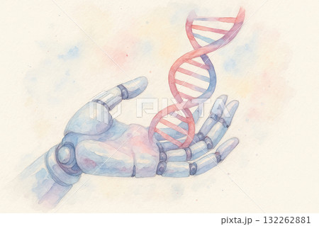 Robotic hand gently holding a DNA double helix, digital illustration. Symbolic image representing biotechnology, genetic engineering, and the fusion of technology with life sciences Robotic hand gently holding a DNA double helix, digital illustration. Symbolic image representing biotechnology, genetic engineering, and the fusion of technology with life sciences 132262881