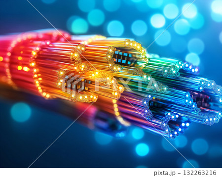 High-tech digital concept with fiber optic light trails, radiating energy and innovation. abstract background. AI Generated. 132263216