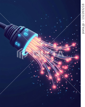 Dynamic illustration of glowing fiber optics. Telecommunications background. AI Generated. Dynamic illustration of glowing fiber optics. Telecommunications background. AI Generated. 132263218