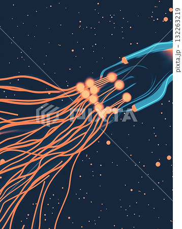 Dynamic illustration of glowing fiber optics. Telecommunications background. AI Generated. Dynamic illustration of glowing fiber optics. Telecommunications background. AI Generated. 132263219
