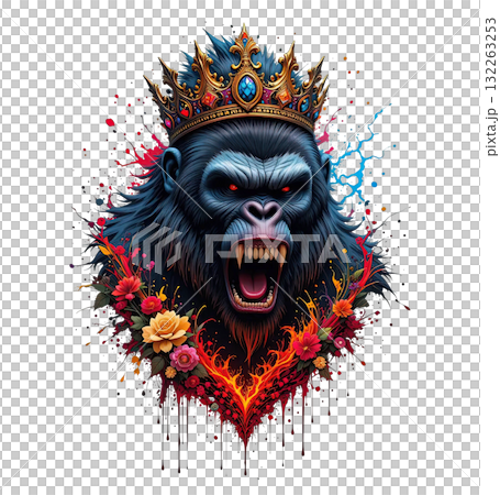 Furious gorilla portrait wearing a jeweled crown, with fire, flowers, and a dramatic, vibrant paint splatter and drip effect. Furious gorilla portrait wearing a jeweled crown, with fire, flowers, and a dramatic, vibrant paint splatter and drip effect. 132263253