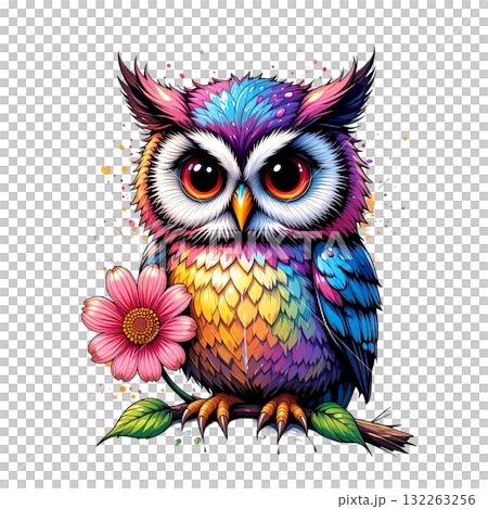 Adorable owl with huge eyes and rainbow-colored feathers, perched on a branch and holding a pink flower, in a cartoon style Adorable owl with huge eyes and rainbow-colored feathers, perched on a branch and holding a pink flower, in a cartoon style 132263256