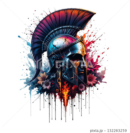 Spartan or Roman helmet with a crest and a human profile, mixed with fire, flowers, and dramatic watercolor splatters. 132263259