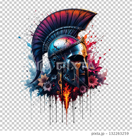 Spartan or Roman helmet with a crest and a human profile, mixed with fire, flowers, and dramatic watercolor splatters. Spartan or Roman helmet with a crest and a human profile, mixed with fire, flowers, and dramatic watercolor splatters. 132263259