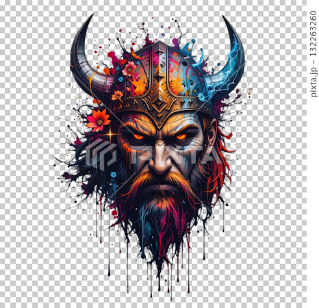 Intense Viking warrior head wearing a horned helmet, with a colorful beard and glowing eyes, executed in a bold, paint drip style. Intense Viking warrior head wearing a horned helmet, with a colorful beard and glowing eyes, executed in a bold, paint drip style. 132263260