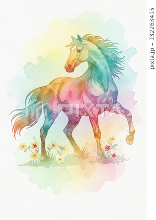 レインボーカラーの美しい馬と水彩風の淡い背景のアートイラスト 馬の水彩画　年賀状素材　午年のイラスト 132263415