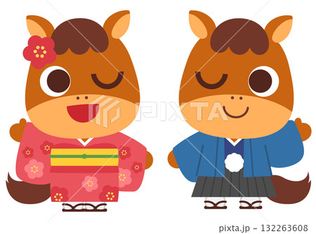 着物を着た馬のイラスト 132263608