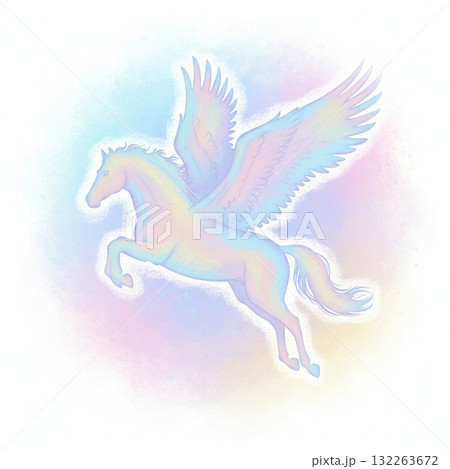 翼を広げ飛び跳ねる虹色のペガサスの幻想的なアートイラスト　パステル　チョークアート　年賀状素材 132263672