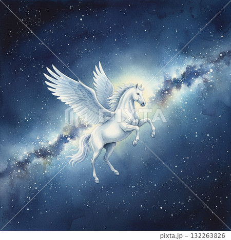 銀河の星空を飛ぶ白く輝くペガサスの壮大な水彩イラスト 午年の年賀状