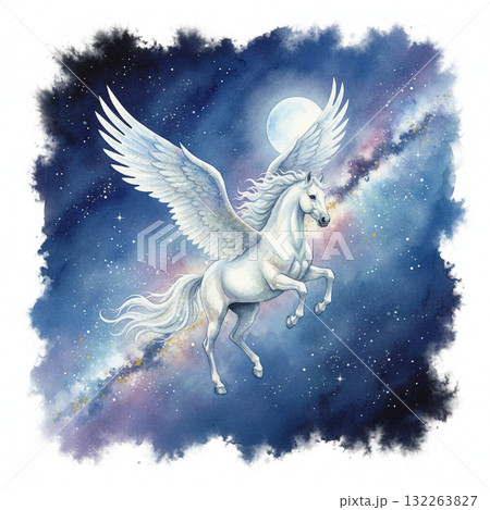 銀河の星空を飛ぶ白く輝くペガサスの壮大な水彩イラスト 午年の年賀状