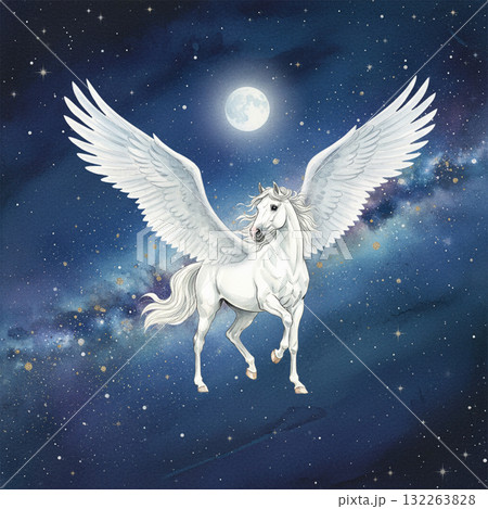 銀河の星空を飛ぶ白く輝くペガサスの壮大な水彩イラスト 午年の年賀状