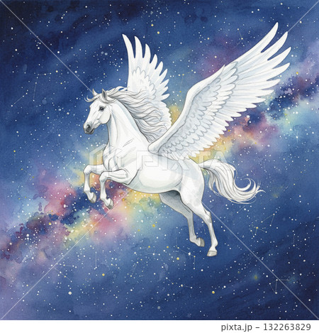 銀河の星空を飛ぶ白く輝くペガサスの壮大な水彩イラスト 午年の年賀状