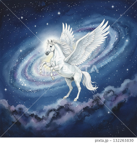 銀河の星空を飛ぶ白く輝くペガサスの壮大な水彩イラスト 午年の年賀状素材 ペガサスの絵 空駆ける天馬 銀河の星空を飛ぶ白く輝くペガサスの壮大な水彩イラスト 午年の年賀状素材 ペガサスの絵 空駆ける天馬 132263830