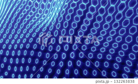 Striking cyan hexagonal grid stretching into a wave, representing futuristic digital networks and flowing connectivity Striking cyan hexagonal grid stretching into a wave, representing futuristic digital networks and flowing connectivity 132263838