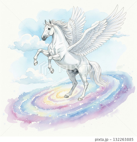 虹色の渦と青空を背景にしたペガサスの水彩イラストのイラスト素材