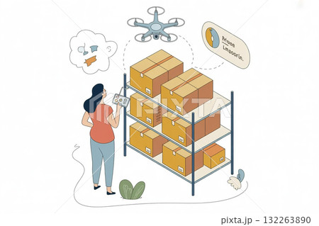 ドローンで物流倉庫をチェックする社員 132263890