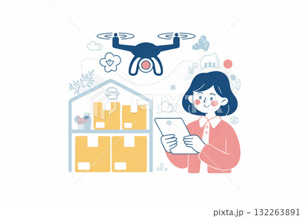 ドローンで物流倉庫をチェックする社員 132263891