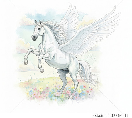 花畑の上で翼を広げ立ち上がるペガサスの水彩イラストのイラスト素材