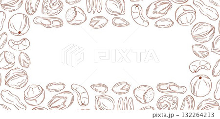 Border frame with nut, almond, cashew, peanut, walnut, hazelnut and pecan in line art style. Design for grocery store package with empty center space. Border frame with nut, almond, cashew, peanut, walnut, hazelnut and pecan in line art style. Design for grocery store package with empty center space. 132264213
