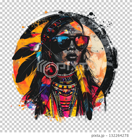 A portrait of a Native American woman and sunglasses in vibrant traditional attire. 132264278