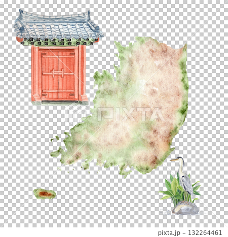 South Korea watercolor composition featuring traditional Korean gate, map, and heron in natural tones. Hand-painted clip art isolated on white, perfect for travel, culture, decor, educational projects 132264461